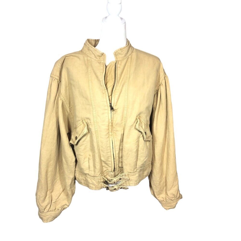 Free People Jacket Womens‎ Size M Tan Fawn Poet Puff Sleeve Utility Bomber Coat - Picture 4 of 14